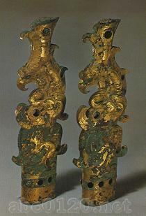 琉瑠?嵌の金銅鳥形飾端金具(2個)