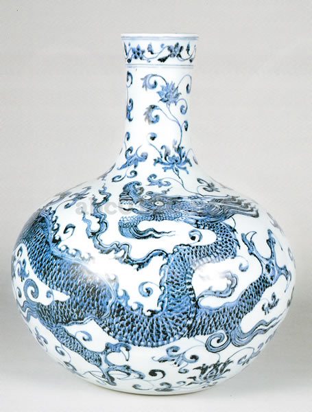 中国古玩 染付 龍濤文 天球瓶 高約42.5cm 唐物 t97383