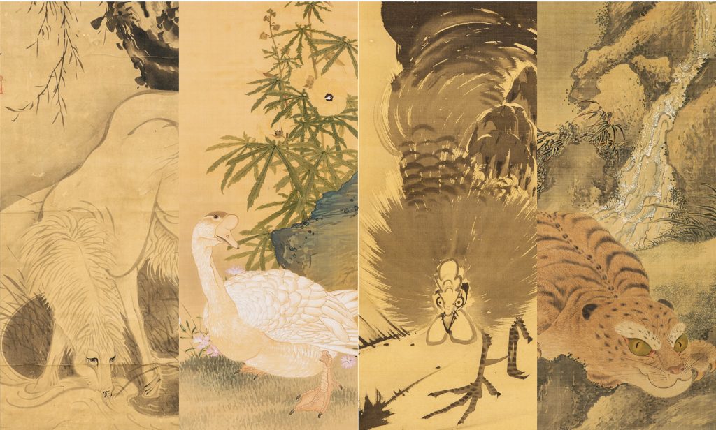 嵯峨嵐山文華館ではよりわかりやすく、若冲・応挙・芦雪・呉春など、18世紀から19世紀にかけて活躍した画家の絵画を、孔雀や虎といった画題ごとに並べて展示いたします。
