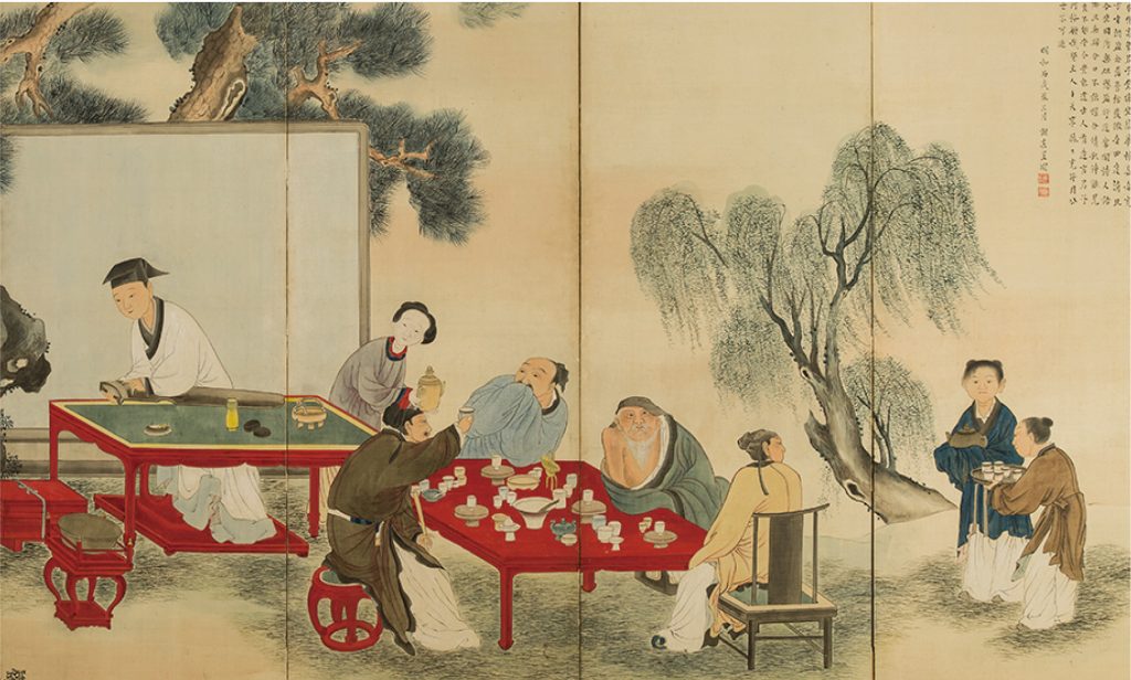 蕪村の最晩年作の金屏風である「老松図屏風」や色鮮やかな「茶筵酒宴図屏風」