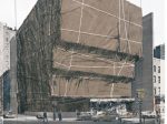 クリスト《包まれたホイットニー美術館（ニューヨークのためのプロジェクト）》1971年 71.0×55.8cm　リトグラフ、布、麻ひも、糸、ポリエチレン、ステープルのコラージュ、紙 DIC川村記念美術館