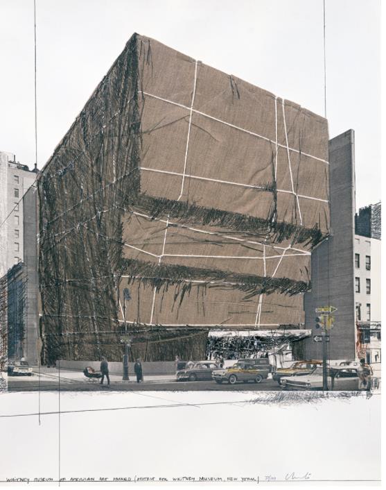 クリスト《包まれたホイットニー美術館（ニューヨークのためのプロジェクト）》1971年 71.0×55.8cm　リトグラフ、布、麻ひも、糸、ポリエチレン、ステープルのコラージュ、紙 DIC川村記念美術館