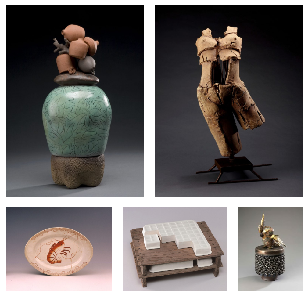 左上から時計回りに：楊文霓《刻紋彩陶經瓶》1995年、許偉斌《皮相》1998年、許旭倫《衛戍》2018年、陳景亮《豆腐》2001年、《蝦盤》1960年　すべて新北市立鶯歌陶瓷博物館蔵