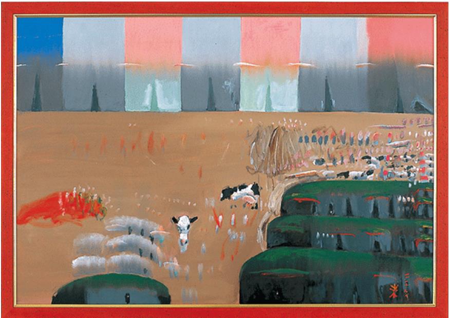 作品：《花と雲と牛 1》2000年 キャンバスに油彩