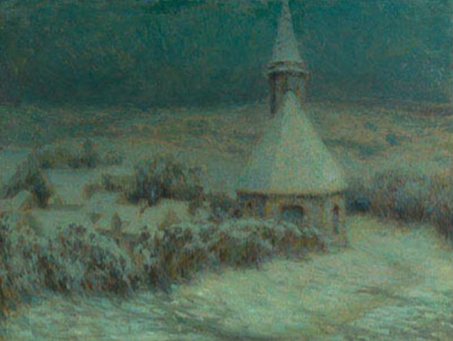 アンリ・ル・シダネル《ビュイクール、月明かりのなかの教会》1904年　フランス、個人蔵