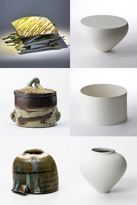 左：鯉江良二 上から「オリベあかり」、「水指」、「織部ガラス釉壷」 右：黒田泰蔵 上から「白磁台皿」、「白磁筒鉢」、「白磁花入」