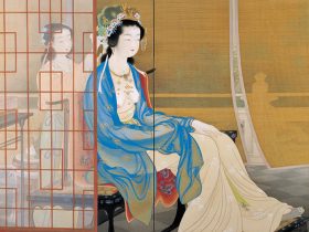 上村松園（1875-1949）楊貴妃　大正11年(1922)　絹本着色・屏風装（二曲一隻）161.0×189.0 cm　第4回帝展　松伯美術館