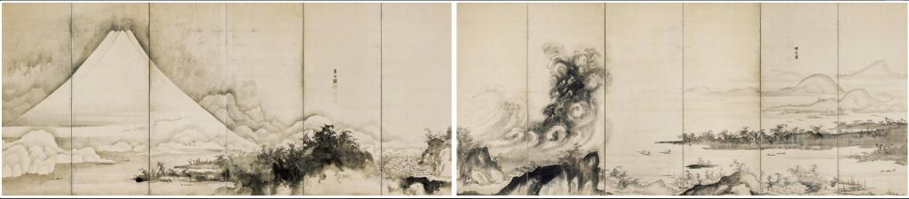 《富士三保松原図屏風》紙本墨画淡彩　宝暦年間（1751～1764）個人蔵