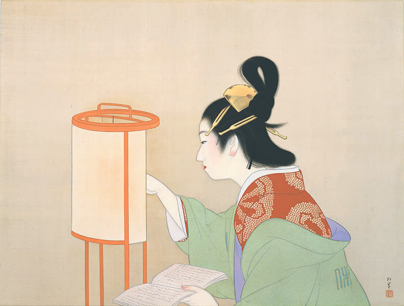 上村松園（1875-1949）美人書見図　昭和14年(1939)頃　絹本着色・軸装　69.5×92.0 cm　吉野石膏株式会社