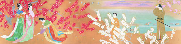 上村松篁（1902-2001）万葉の春　昭和45年(1970)　紙本着色・壁画　186.0×765.2 cm　近鉄グループホールディングス株式会社