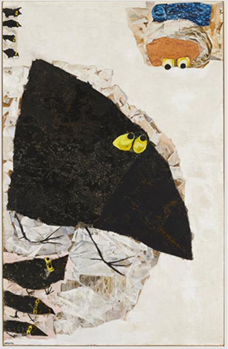 桂ゆき 《ゴンベとカラス》1966年 油彩、木炭、紙、紐、カンヴァス 東京国立近代美術館蔵