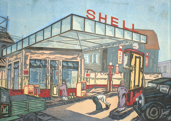 大貫芳一郎《ガソリンスタンド》1933年、木版多色刷、紙、鹿沼市立川上澄生美術館蔵