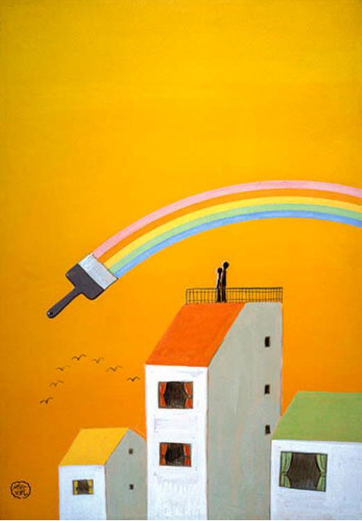 《さびしそうな空を虹よはなやかにしておくれ》 『詩とメルヘン』1979年10月号表紙絵 ©やなせたかし（公財）やなせたかし記念アンパンマンミュージアム振興財団蔵
