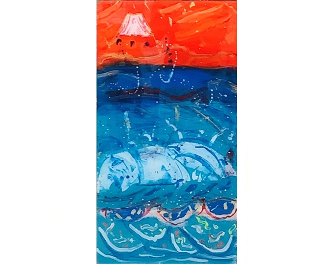 「旭日波濤富士」H73×Ｗ39cm、アクリル板に油彩