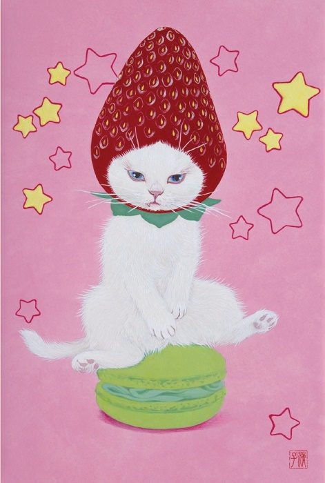 伊藤清子　「猫かぶり　マカロンな苺」　P4号　日本画