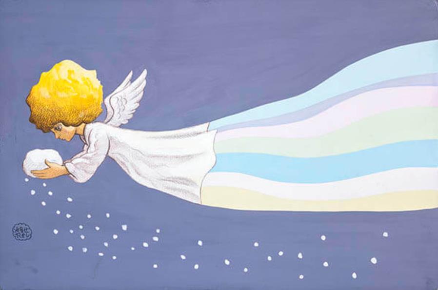 《雪の天使の2月号》 『いちごえほん』1976年２月号表紙絵 ©やなせたかし（公財）やなせたかし記念アンパンマンミュージアム振興財団蔵