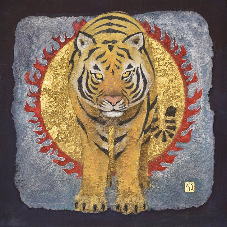 『神使「虎」』 サイズ：6号S 板・ミクストメディア 来年の干支でもある虎は、毘沙門天の使いであるといわれています。