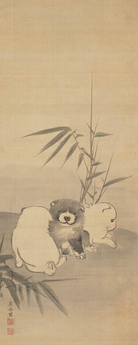 円山応挙「竹に狗子図」左幅　福田美術館蔵（後期）