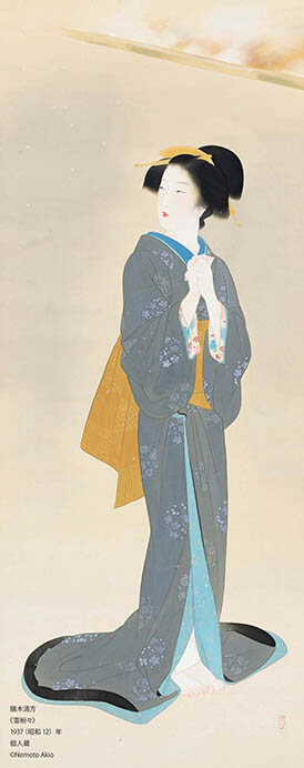 鏑木清方　《雪粉々》 1937（昭和12）年、個人蔵、通期展示、絹本彩色・軸、143.7×56.2cm ©Nemoto Akio