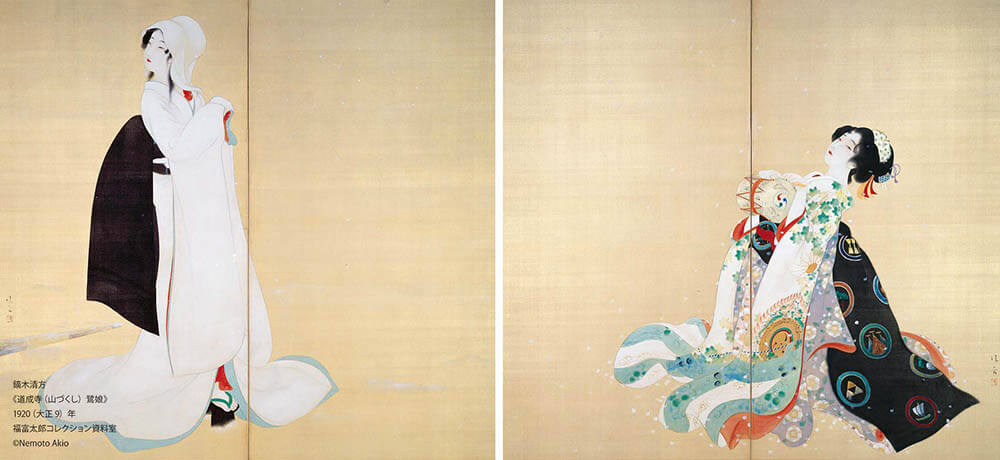 鏑木清方　《道成寺（山づくし）鷺娘》 1920（大正9）年、福富太郎コレクション資料室、4月５日～5月8日展示、 絹本彩色・屏風（二曲一双）、各155.6×169.6cm ©Nemoto Akio
