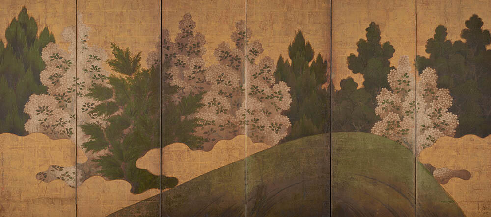 《桜に杉図屏風（右隻）》桃山時代・16 世紀、6 曲 1 双