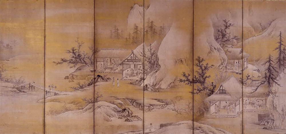 作者不詳《養蚕機織図屏風（右隻）》江戸時代初期　紙本着色