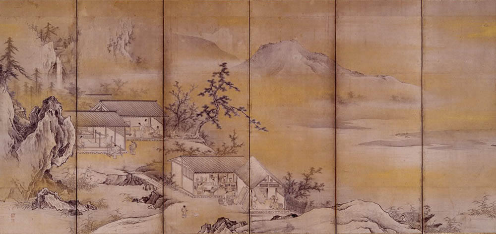 作者不詳《養蚕機織図屏風（左隻）》江戸時代初期　紙本着色