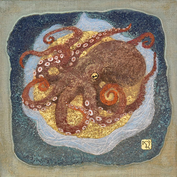 『神使「蛸」』 サイズ：3号S 板・ミクストメディア 蛸は吸い寄せる、吸い取る力を持ち、福を吸い寄せ多幸になるといわれます。