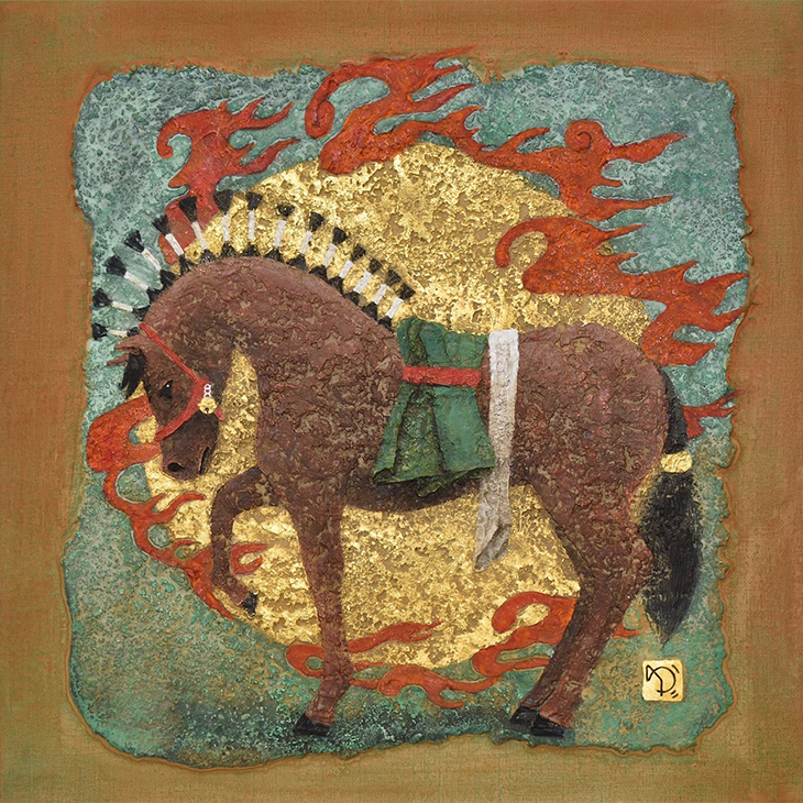 『神使「馬」』 サイズ：4号S 板・ミクストメディア 馬は神の乗り物であり、馬の奉納が今の絵馬に変わったといわれます。