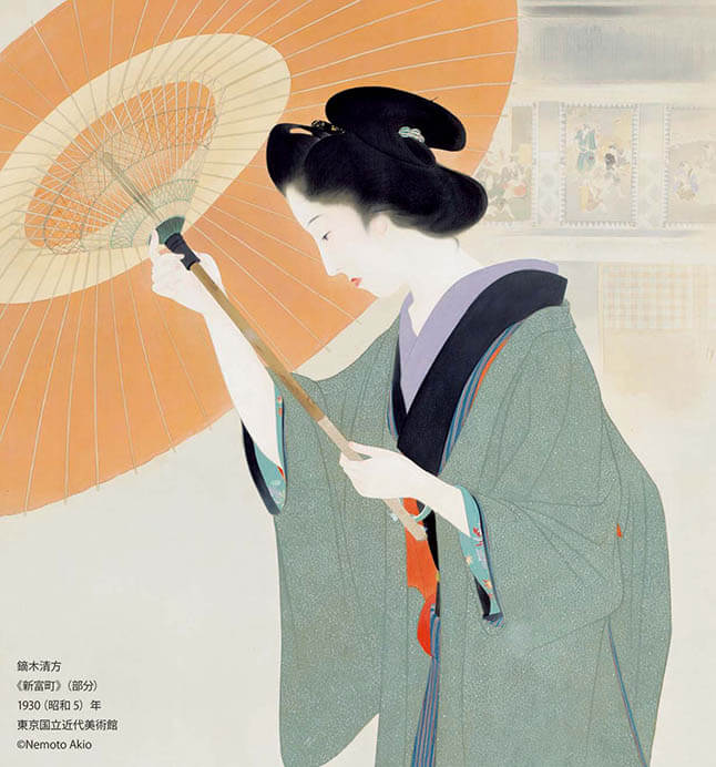 鏑木清方　《新富町》（部分） 1930（昭和5）年、東京国立近代美術館、通期展示、絹本彩色・軸、173.5×74.0cm ©Nemoto Akio