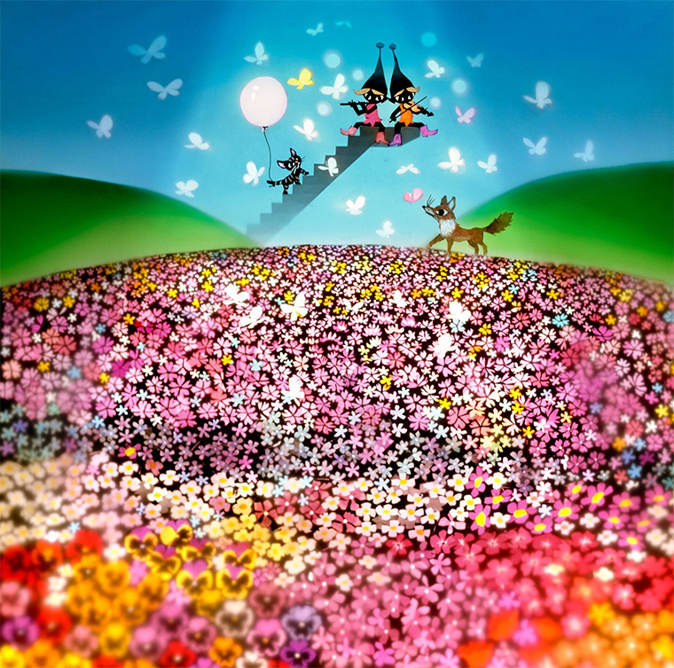 ©Seiji Fujishiro/HoriPro 1987 「花とこびと」 キャンバスジグレー(額装サイズ45×45cm) 