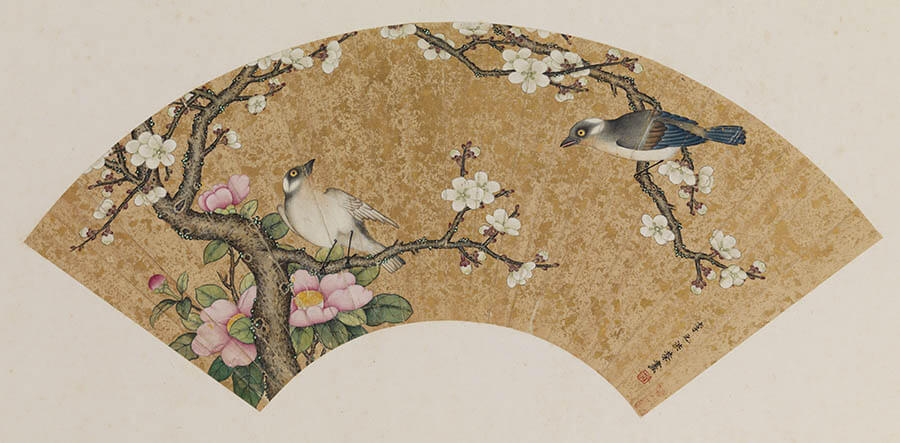 《清朝名人便面集珍》のうち「梅椿に白頭翁図」、中国明～清時代・16～19 世紀、1 図