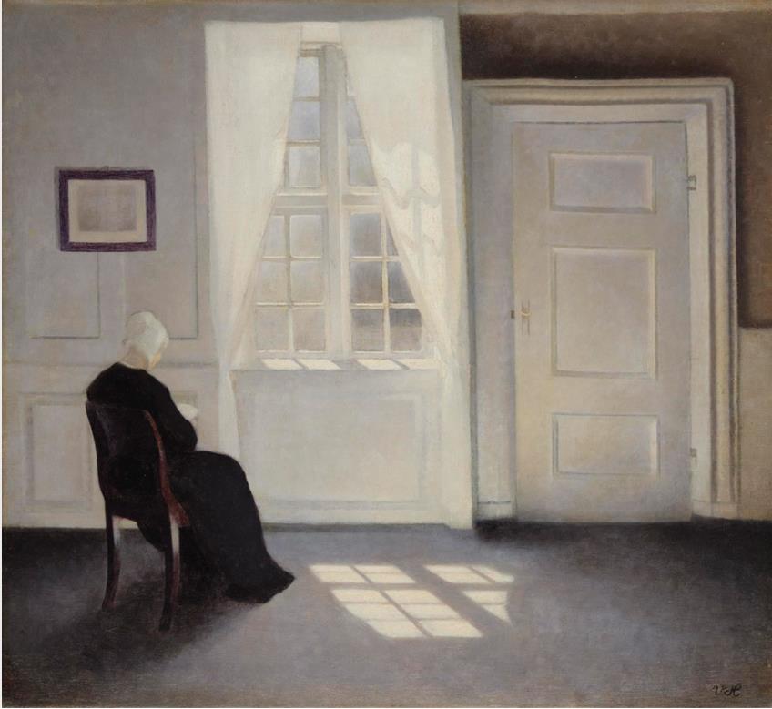 ヴィルヘルム・ハマスホイ《陽光の中で読書する女性、ストランゲーゼ30番地》1899年