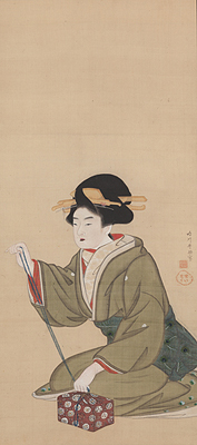 祇園井特《紐を結ぶ女》 文化年間（1804～18）