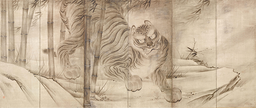 龍虎図屛風りゅうこずびょうぶ（左隻） 曽我直庵筆　安土桃山～江戸時代・17世紀 竹林から現れた虎の姿を描きます。画面から飛び出てきそうな迫力です。
