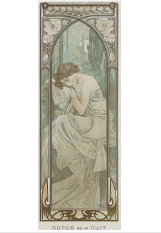 アルフォンス・ミュシャ     「夜の安らぎ」1898年 リトグラフ (105×38cm)