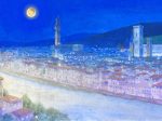 桜井敬史　「月明かりの街・フィレンツェ」 岩絵具・31×72.7cm（作品サイズ） 今度は、イタリア。 この景色、見てみたい･･･。 桜井先生は絵を描くために、 現地に何度も足を運ばれるそう。