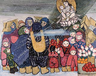 近岡善次郎《雪国の市日》1985年 キャンヴァス・油彩 山形美術館蔵