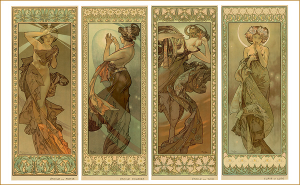 左から： 〈明けの明星〉1902年 OGATAコレクション 〈北極星〉1902年 OGATAコレクション 〈宵の明星〉1902年 OGATAコレクション 〈月〉1902年 OGATAコレクション アール・ヌーヴォーの巨匠たち