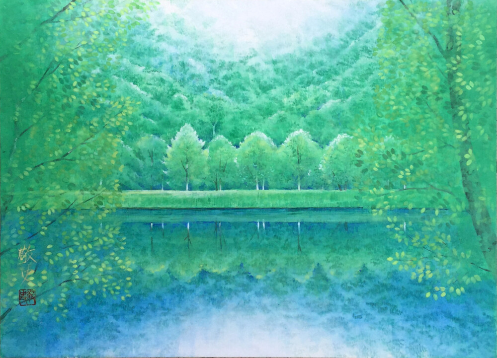 桜井敬史　「朝霧の森」  岩絵具・33.3×45.5cm（作品サイズ）     なんて透明感があるんだろう。  きらきらして、きれい。  これは、日本の風景