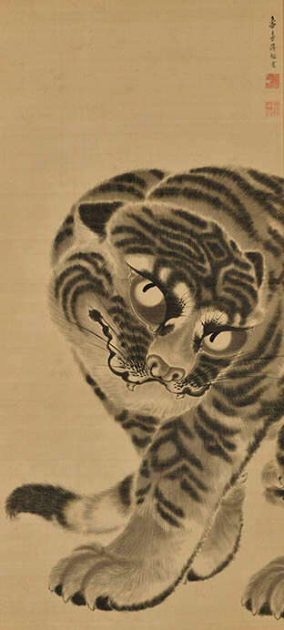 岸駒《猛虎図》一幅、絹本墨画、118.5×53.8cm、江戸時代中期(18世紀後半)　敦賀市立博物館蔵