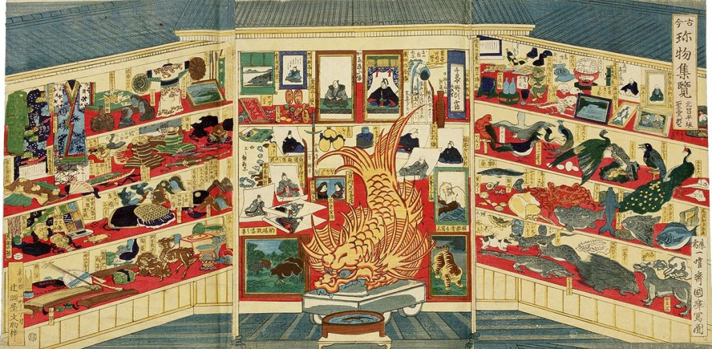 古今珎物集覧　一曜斎国輝筆　明治5年(1872) 1872年の湯島聖堂博覧会を描いた錦絵。ここから東京国立博物館150年の歩みが始まりました