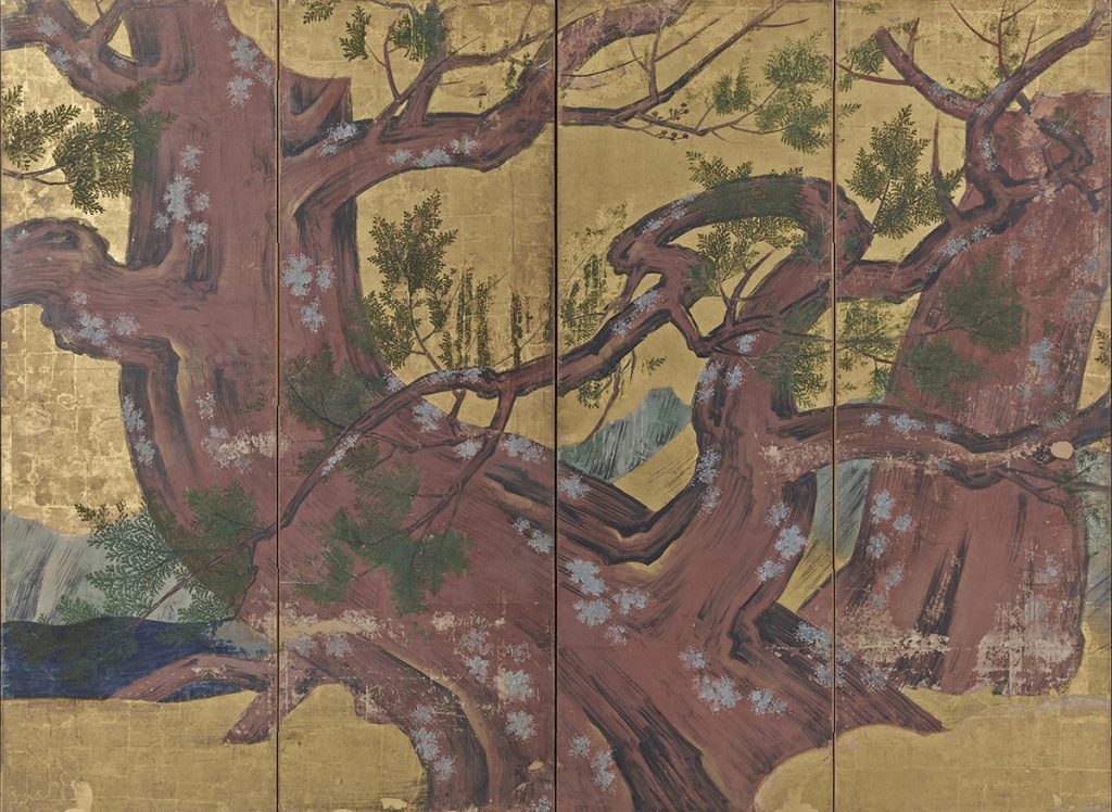 国宝　檜図屛風　狩野永徳筆　安土桃山時代・天正18年（1590） 狩野永徳が描いた障壁画の傑作。檜の巨木の迫力は圧倒的で、生命力に満ちています