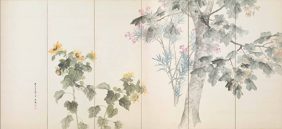高島北海《草花図屏風（梅雨・早秋）》左隻 1913 年　泉屋博古館東京