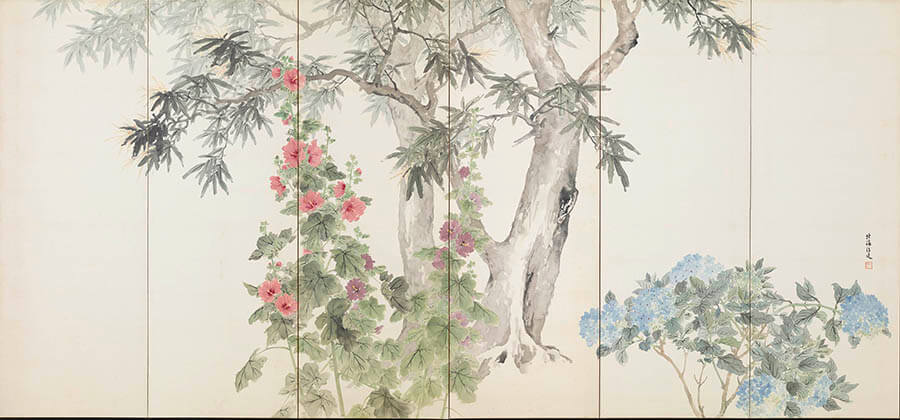 高島北海《草花図屏風（梅雨・早秋）》右隻 1913 年　泉屋博古館東京
