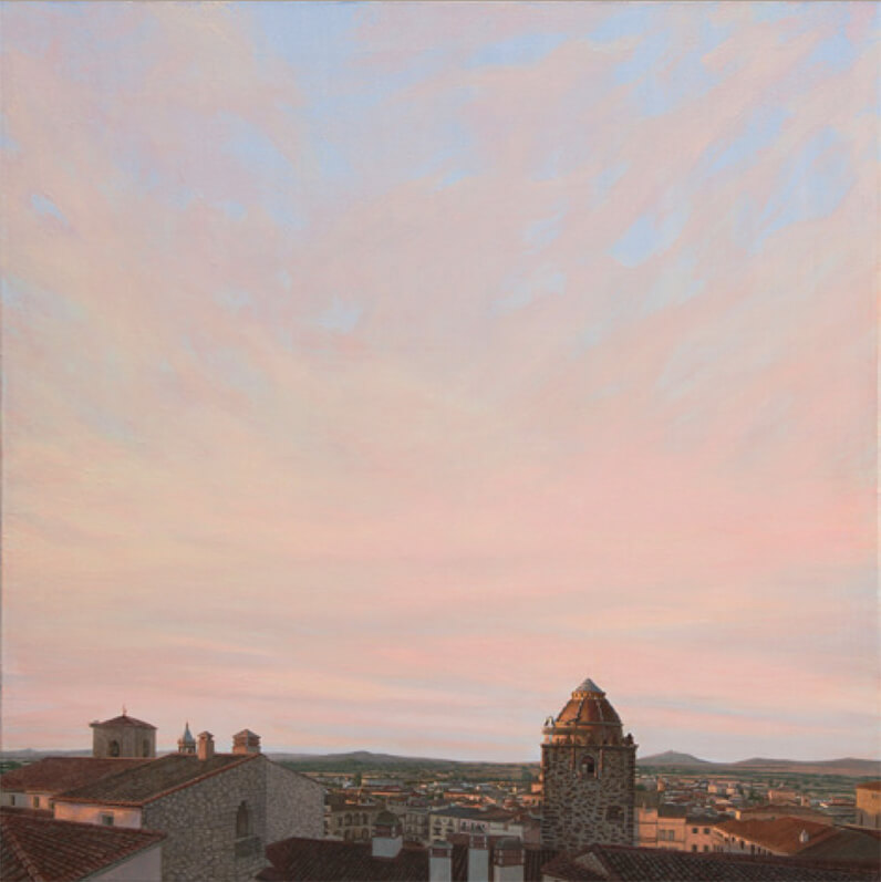 「The Sky of Trujilloコウノトリ」混合技法／キャンバス100×100cm