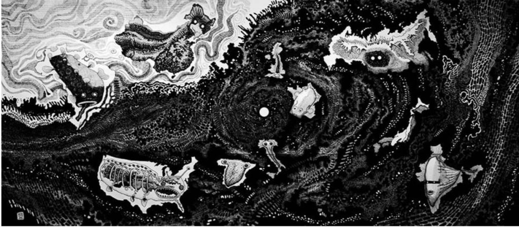 大岩オスカール／太陽と10匹の妖怪／2021／H6835 x W2940 mm／紙にインク／ © 2021 Oscar Oiwa Courtesy of Kadokawa Culture Museum