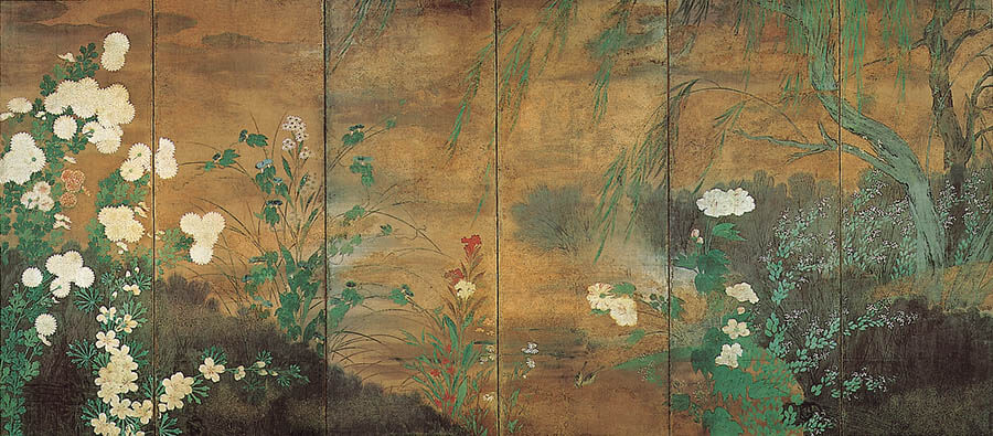 「四季花鳥図屏風」(左隻)　長谷川等伯筆　個人蔵