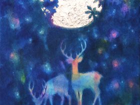 「青い森の月」 F10　キャンバスに和紙　アクリル
