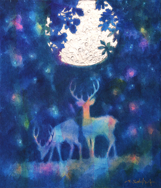 「青い森の月」 F10　キャンバスに和紙　アクリル